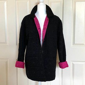 Black Silk Jacket Pink Cuffs Reversible Quilted Car Coat TANIA Sz S Excellent